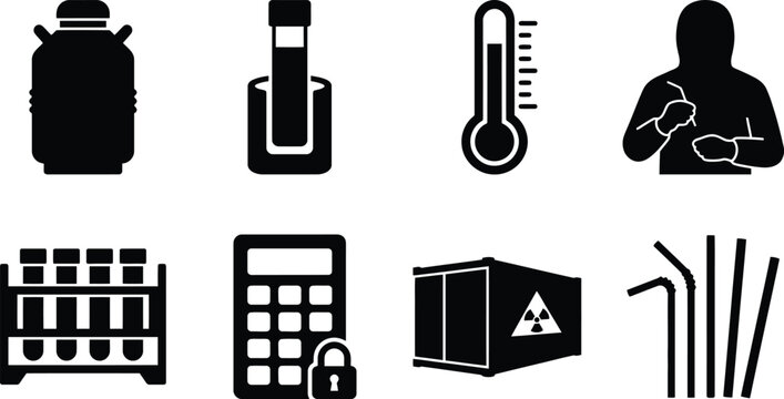 Cryogenic Storage and Laboratory Equipment Icon Set Featuring Liquid Nitrogen Tank Thermometer Hazmat Suit and Biohazard Container Vector Icons