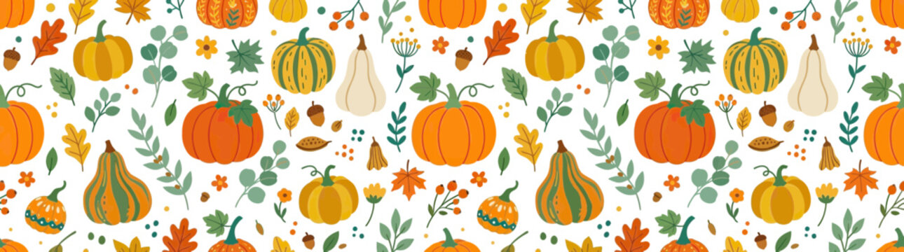 Hand-drawn autumn harvest pattern with pumpkins and leaves