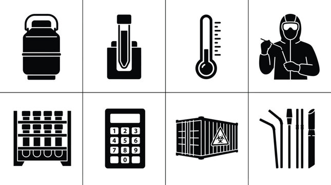 Cryogenic Storage and Laboratory Equipment Icon Set Featuring Liquid Nitrogen Tank Thermometer Hazmat Suit and Biohazard Container Vector Icons