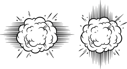 Comic book style explosion smoke cloud icons set with dynamic speed line blast effects for cartoon pop art design © Afroja