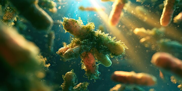 Microscopic view of rod-shaped organisms, bathed in ethereal sunlight