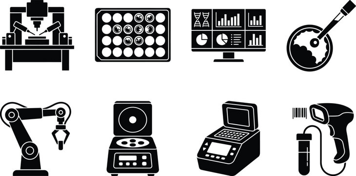 IVF Laboratory and Medical Automation Icon Set Featuring Micromanipulator Embryo Plate Analytics Robotic Arm Centrifuge and Scanner Vector Icons