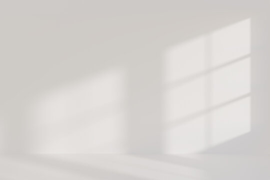 Minimalist empty room background with window shadow overlay on a white wall, sunlight on a floor template with copy space for product presentation. Sunlight with a shadow overlay effect. 3d render