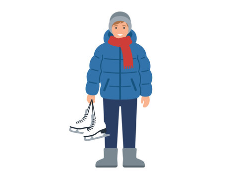 Young man in blue winter jacket grey hat and red scarf holding ice skates vector illustration isolated on white background
