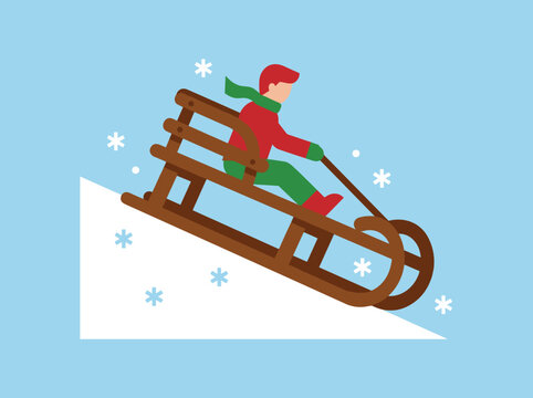 Boy riding a classic wooden sled sliding down snowy hill in winter outdoor activity vector illustration flat design isolated on blue background