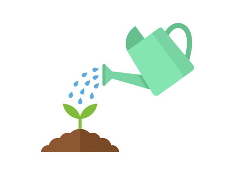 Green watering can pouring water drops onto small green plant sprout growing in brown soil vector illustration isolated on white background