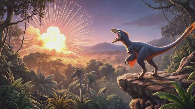 Feathered raptor watching asteroid impact in prehistoric jungle. Extinction event concept with dinosaur on cliff edge. Lockdown wide shot.