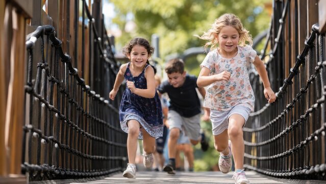 Group of Diverse Young Kids Running Joyfully Across a Suspension Bridge at a Park for Healthy Lifestyle and Active Childhood Concept