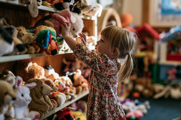 Obraz premium A cute little girl reaching for stuffed animals on a shelf.