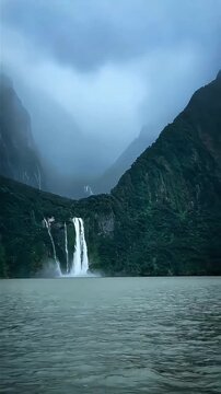 eye level wide shot of scenic waterfall cascading into lake in misty mountains
