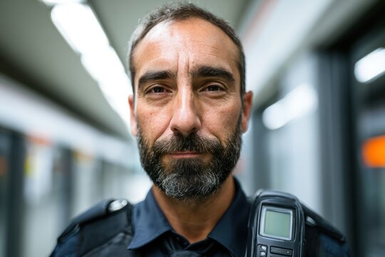 Metro ticket inspector holding validation device