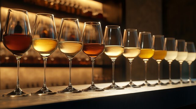 A row of elegant wine glasses filled with various shades of amber and golden liquids, showcasing a sophisticated bar setting and luxurious ambiance