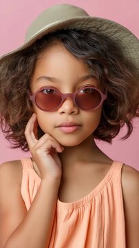 Young girl wearing hat and sunglasses posing against pink background