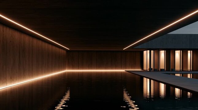 Tranquil reflection within dark space, concrete texture, light trails illuminate, modern architecture, peaceful, water reflections create surreal ambiance