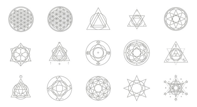 Sacred Geometry Symbols Set: Metatron Cube, Flower of Life, Sri Yantra