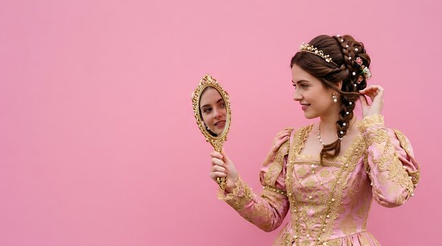 A striking portrait of a woman dressed as a princess in fancy pink clothes holding a hand mirror and doing her hairstyle against a pink background blending modernity with renaissance beauty. portrait