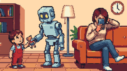Pixel art illustration of a helpful robot playing with a child while a distracted mother uses her smartphone on a couch