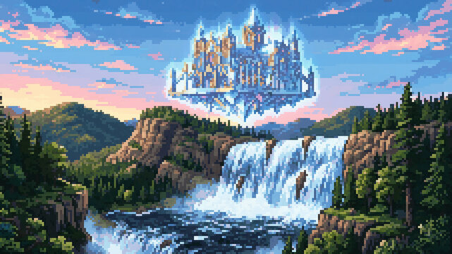 Pixel art illustration of a glowing magical floating castle in the sky above a scenic landscape with a grand waterfall and mountains at sunrise