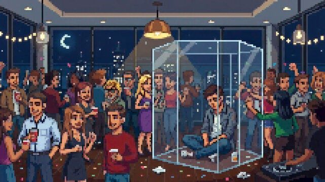 Pixel art illustration of a man isolated inside a glass cube in a crowded party