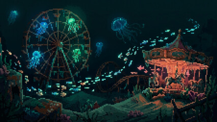 Pixel art illustration of a magical abandoned underwater amusement park with a glowing Ferris wheel, carousel, and swimming jellyfish in the dark ocean depths © Pyxzel