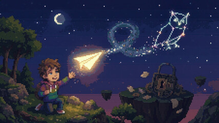 Pixel art illustration of a young boy launching a glowing paper airplane that transforms into a magical owl constellation in a starry night sky with floating islands