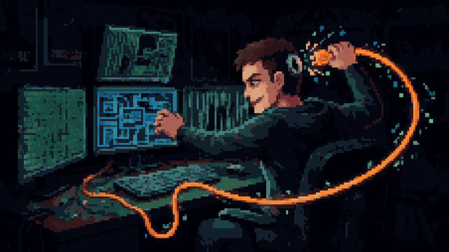 Pixel art illustration of a young man unplugging a glowing orange cable from his computer setup with multiple monitors in a dark room