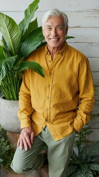 Senior man standing with hands in pockets among potted plants