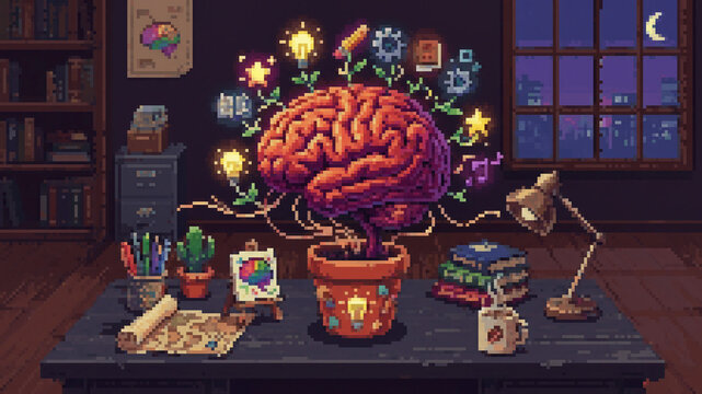 Pixel art illustration of a human brain growing in a flower pot on a desk with sprout stems and glowing icons representing creativity, learning, and mental growth