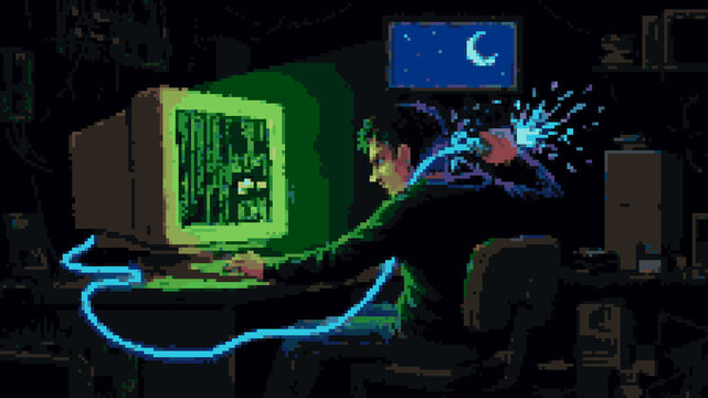 Pixel art illustration of a person unplugging a glowing blue cable with sparks from an old retro computer in a dark room at night