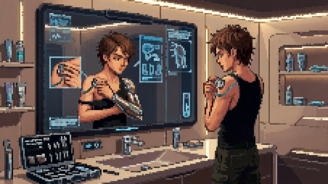 Pixel art illustration of a young man connecting a cybernetic robotic arm implant in front of a smart mirror with holographic diagnostics in a futuristic bathroom
