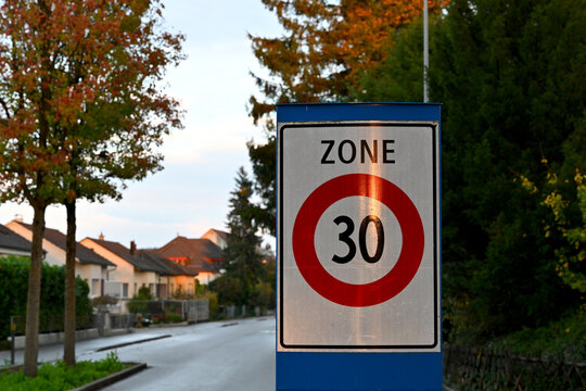 Residential speed Zone 30 Sign in town of Schlieren, Switzerland.