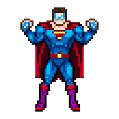 Fototapeta premium Pixel art illustration of a powerful muscular superhero flexing in a classic heroic pose with a red cape on a black background