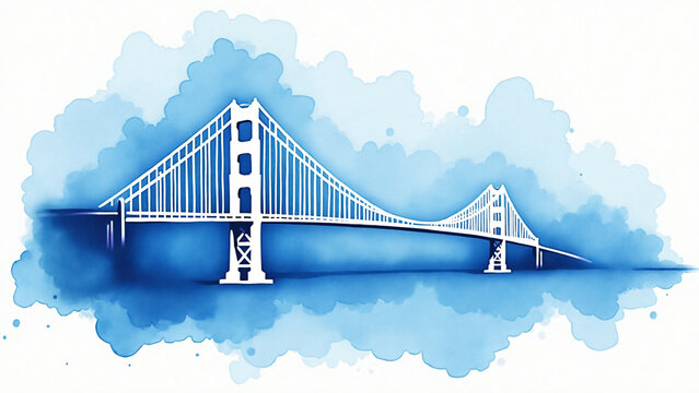 Blue watercolor splash around white Golden Gate Bridge silhouette with crisp edges and realistic paint texture