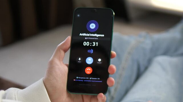 Mobile voice call with an Artificial Intelligence assistant. Timer ticks up as the neural voice interface processes the conversation. Perfect for generative AI ads, virtual assistant demos, and voice 