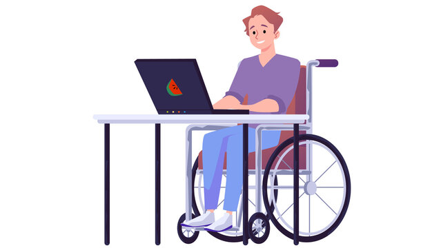 Man in a wheelchair working on a laptop at a desk on a black background