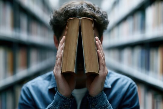 Shy reader hiding face behind giant book in library