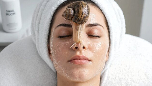 Young woman relaxing with a snail facial treatment for skin rejuvenation