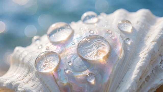 Close-up Macro Shot of Water Droplets on a Seashell Surface.