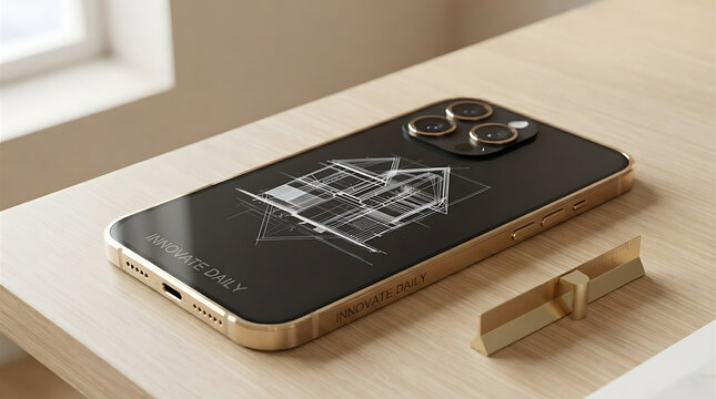 Modern Smartphone Featuring Architectural Blueprint Design on a Minimalist Desk Workspace