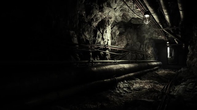 Bluelit subterranean corridor with pipes converging toward glowing portal, wet floor reflecting cold light, rock walls and cable bundles add scifi mystery