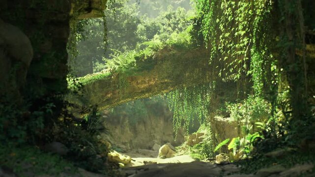 Sunlit Indonesian living bridge with central boulder, closeup of vine textures and mossy surfaces, warm side light revealing rugged ground, intimate nature