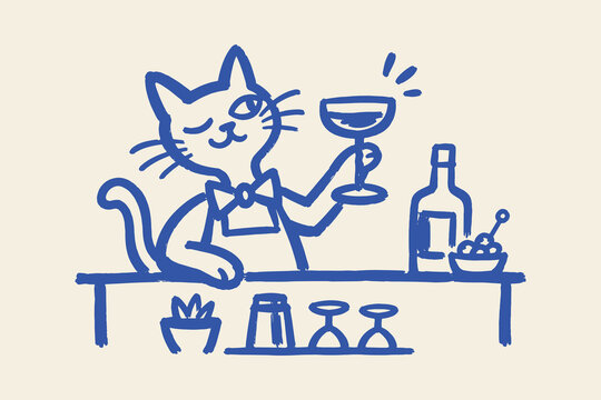 Cat Bartender at Bar Doodle Vector Illustration