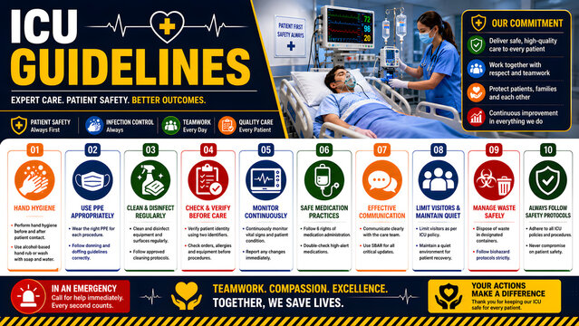 Icu guidelines infographic with medical icons and hospital patient care procedures for intensive care unit safety and clinical protocols