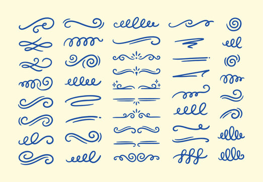Calligraphic swoosh and flourish doodle set. Blue hand drawn swashes, curls, text dividers and ornamental decoration vector illustration.