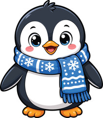 Obraz premium Cute winter penguin wearing blue scarf cartoon illustration isolated on white background