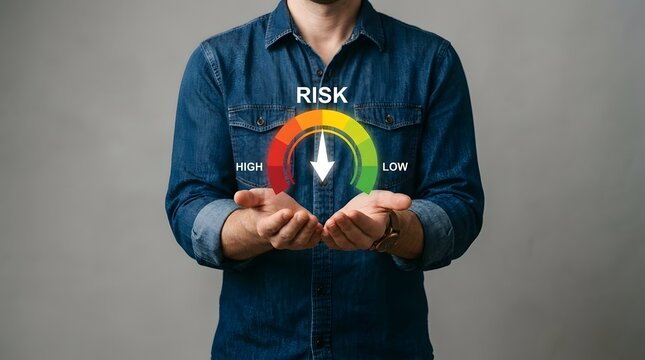 A man in a denim shirt holding a digital gauge showing a low risk level on a gray background