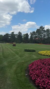 Ride on lawn mower maintaining a perfectly trimmed lawn beside colorful flower beds in a landscaped park on a sunny summer day. Professional grounds maintenance, gardening and landscape care.