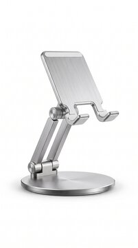 Adjustable aluminum smartphone stand, silver metal mobile phone holder for desk, foldable tablet cradle with ergonomic swivel joints