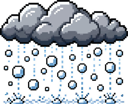 Cute pixel art snow cloud with falling snowflakes weather icon isolated on white background