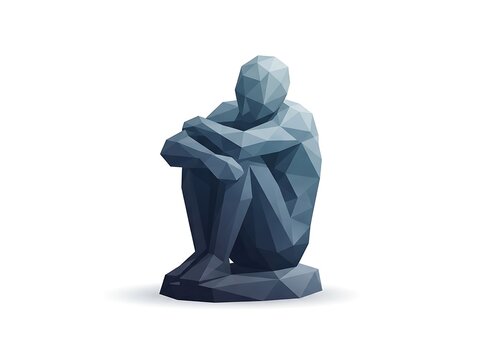 Abstract geometric sculpture of seated human figure.